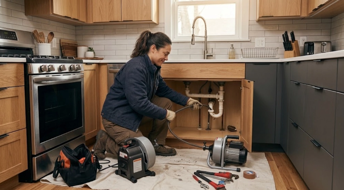 Plumber using electric drum machine for drain cleaning Madison Brooklyn