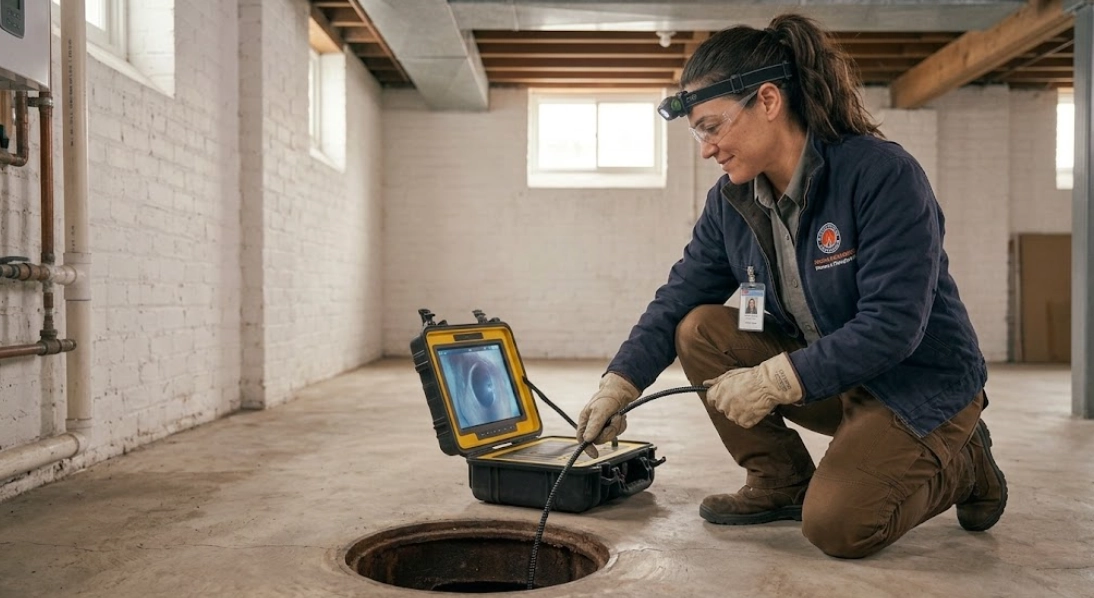 Technician monitoring video screen during sewer line repair Madison Brooklyn camera inspection