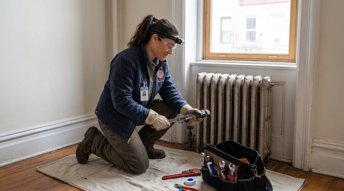 Plumber performing radiator repair Madison Brooklyn on steam supply valve