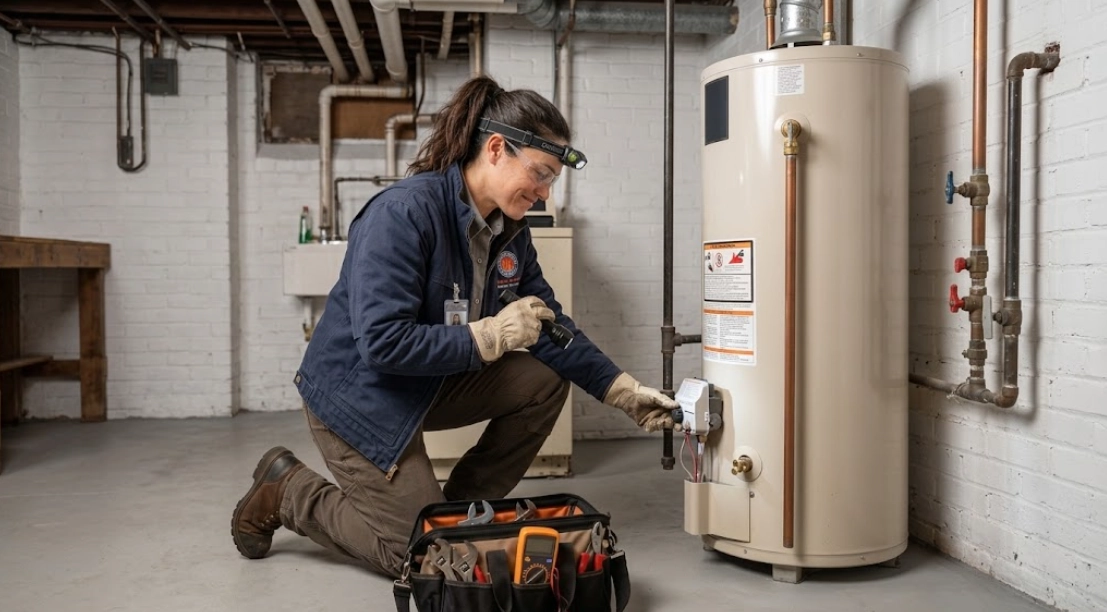 Plumber testing gas control valve for water heater repair Madison Brooklyn